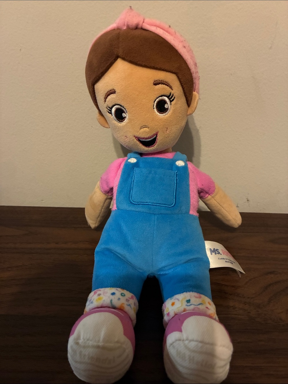 Plush Doll with Blue Overalls and Pink Shirt